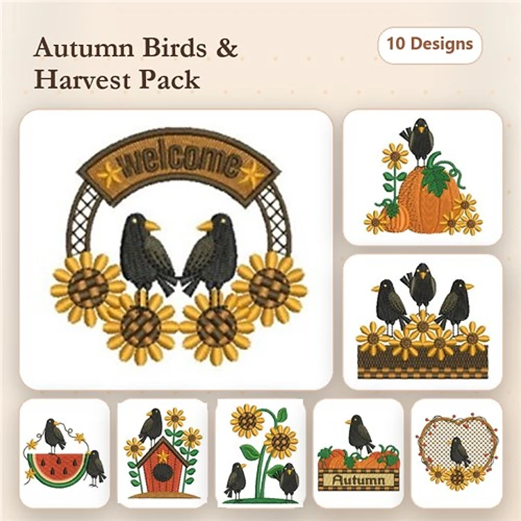 Autumn Birds & Sunflowers Embroidery Designs Bundle – Welcome Sign, Pumpkin, Birdhouse & More (10 Designs)