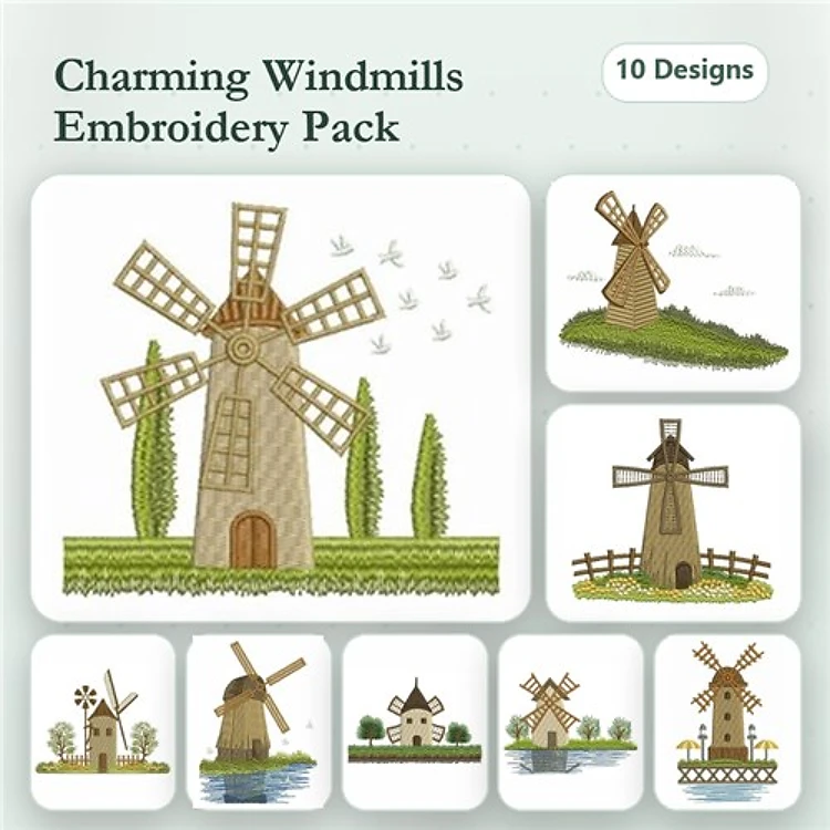 Charming Windmills Embroidery Designs Bundle – Windmill with Trees, Windmill Landscape, & More (10 Designs)