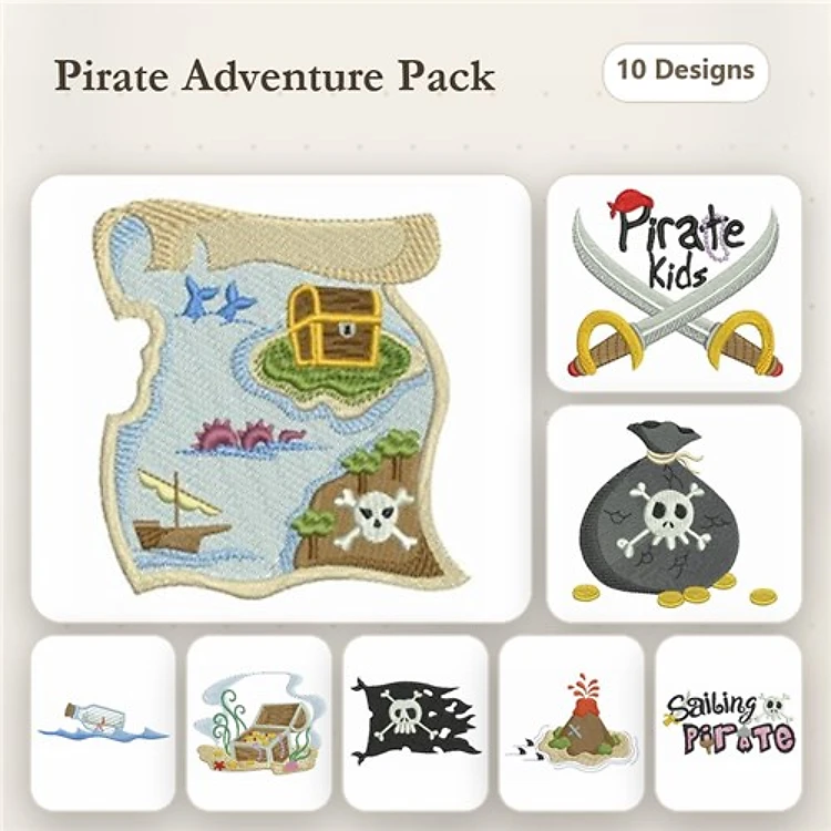 Pirate Adventure Embroidery Designs Bundle – Treasure Map, Pirate Kids, Skull and Crossbones & More (10 Designs)