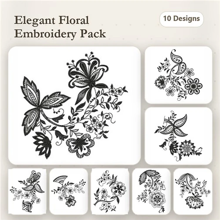 Floral Embroidery Designs Bundle – Floral Bouquet, Butterfly with Flowers, Leafy Floral Arrangement & More (10 Designs)