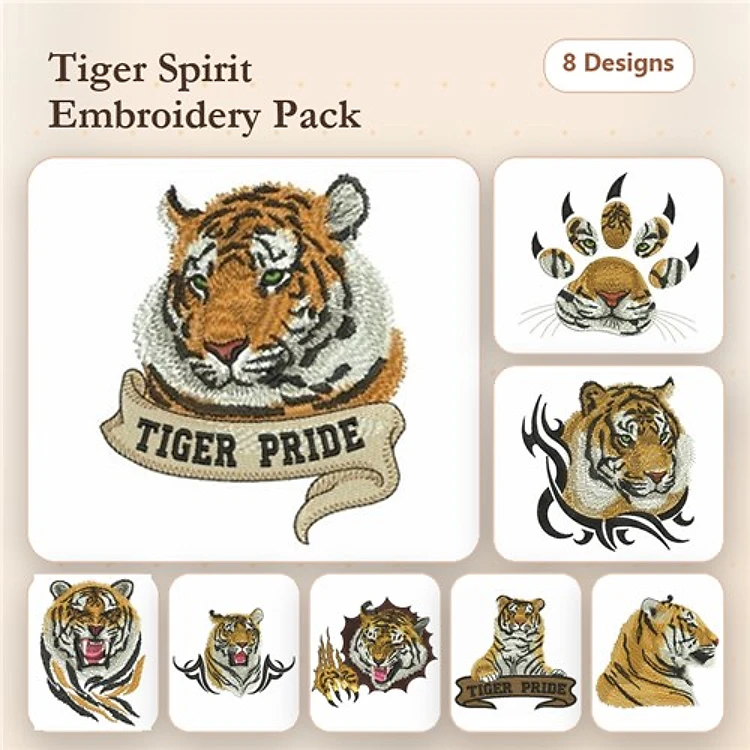 Tiger-themed Embroidery Bundle – Tiger Head with Banner, Paw Print, Roaring Tiger & More (8 Designs)