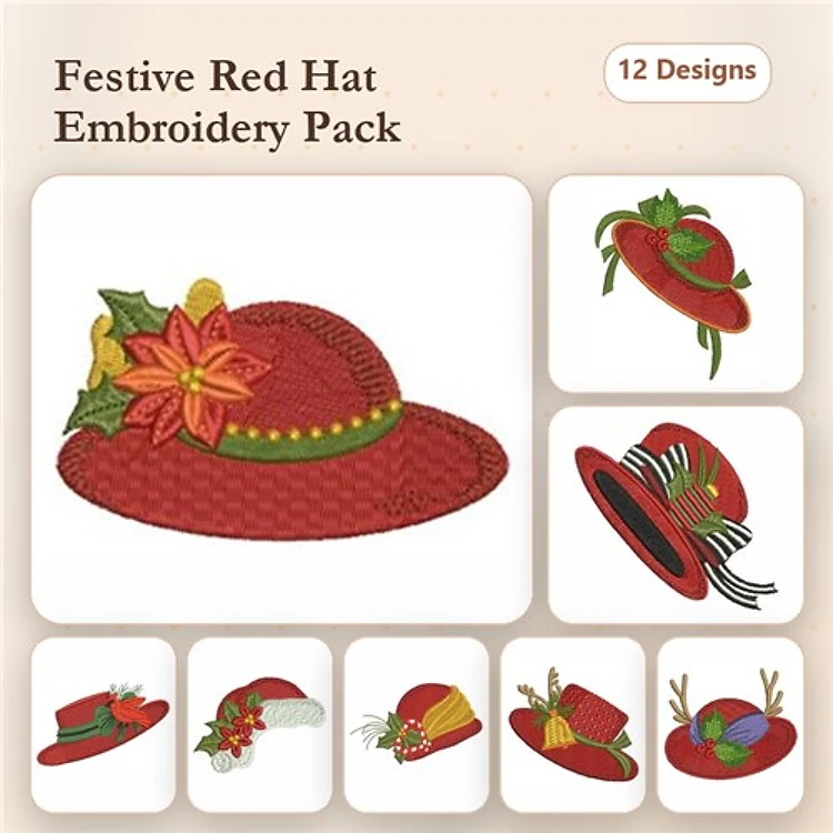 Festive Red Hats Embroidery Designs Bundle – Red Hat with Poinsettia, Red Hat with Green Band, Red Hat with Antlers & More (12 Designs)