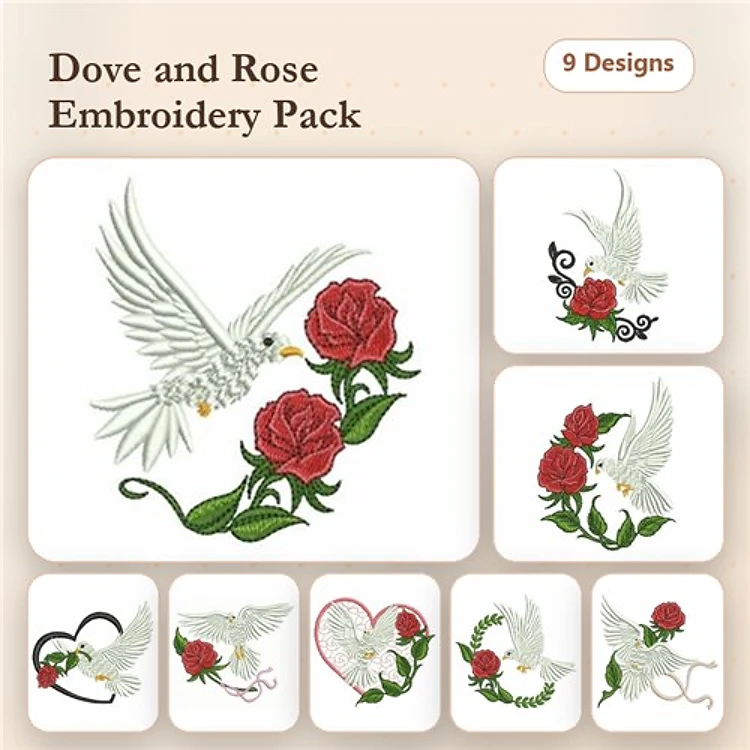 Dove & Rose Embroidery Designs Bundle – Dove with Heart, Rose Heart Design, Dove with Floral Wreath & More (9 Designs)