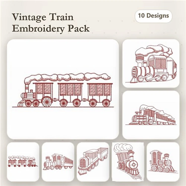 Redwork Vintage Train Embroidery Designs Bundle – Steam Locomotive, Freight Train, Passenger Train & More (10 Designs)