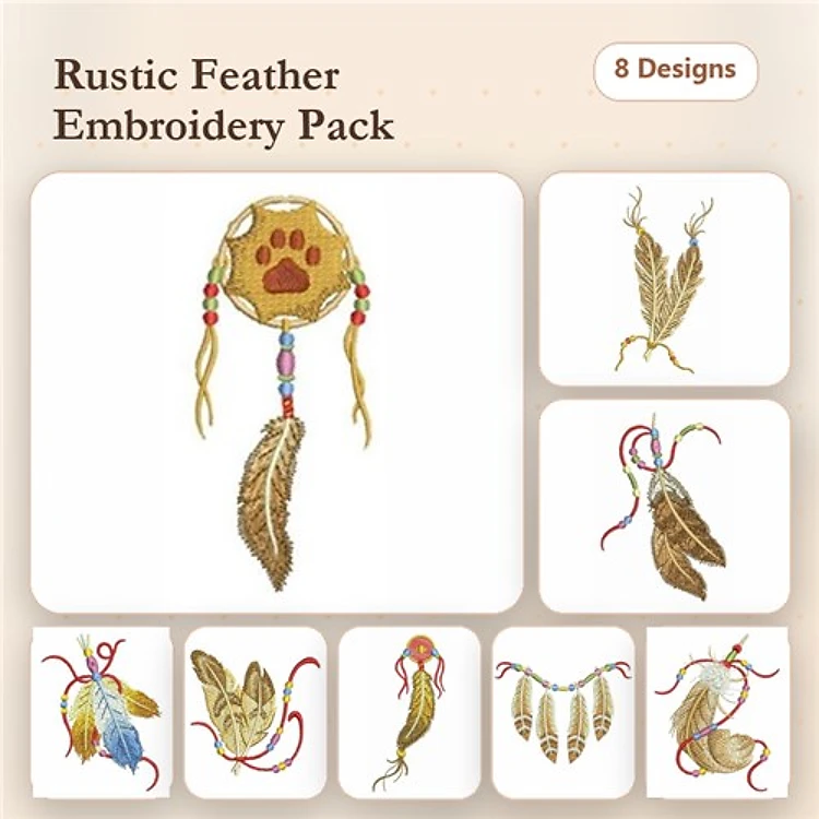 Dreamcatcher & Feather Embroidery Designs Bundle – Dreamcatcher with Paw Print, Feather with Beads & More (8 Designs)