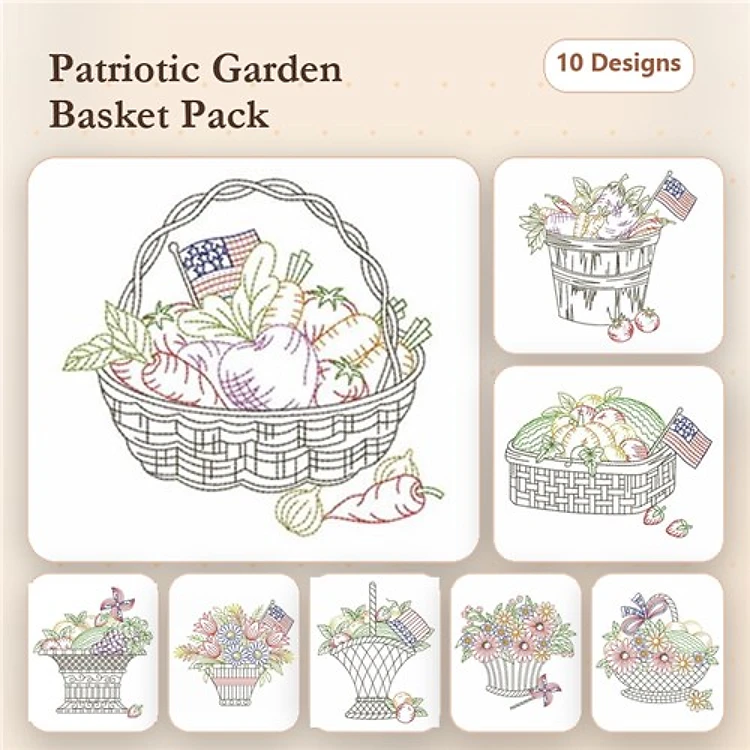Patriotic Baskets Embroidery Designs Bundle – Basket with American Flag, Garden Basket with Vegetables, & More (10 Designs)