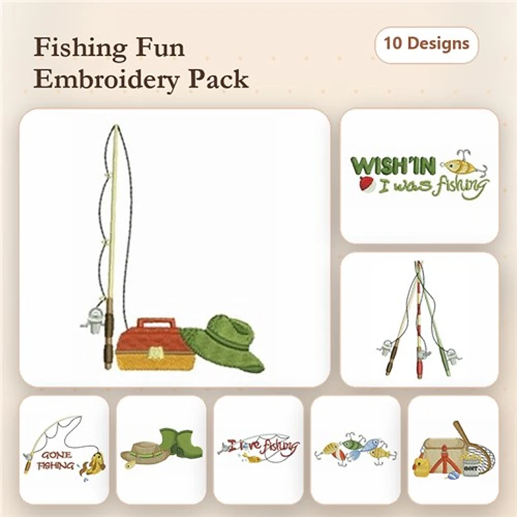 Fishing-Themed Embroidery Designs Bundle – Fishing Rod with Lure, Tackle Box, Fishing Hat & More (10 Designs)