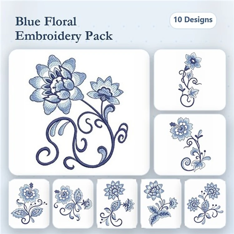 Redwork Blue Floral Embroidery Designs Bundle – Blue Floral with Swirls, Simple Blue Flower, Detailed Blue Blossom & More (10 Designs)