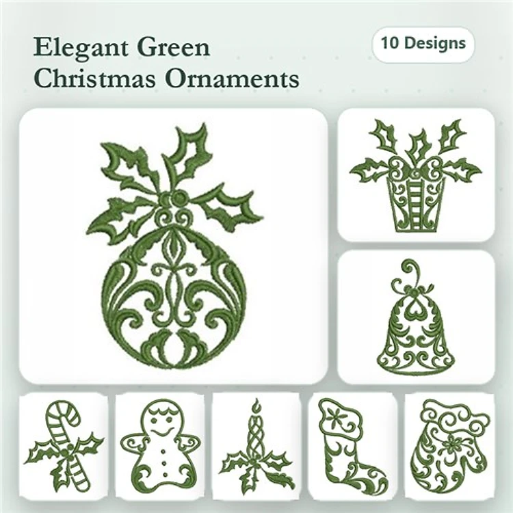Christmas Ornaments Embroidery Designs Bundle – Holly Ornament, Christmas Bell, Candy Cane & More (10 Designs)