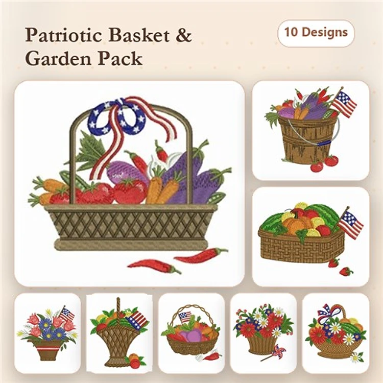 Patriotic Basket Embroidery Designs Bundle – Basket of Vegetables with Flag, Fruits in Basket with Flag & More (10 Designs)