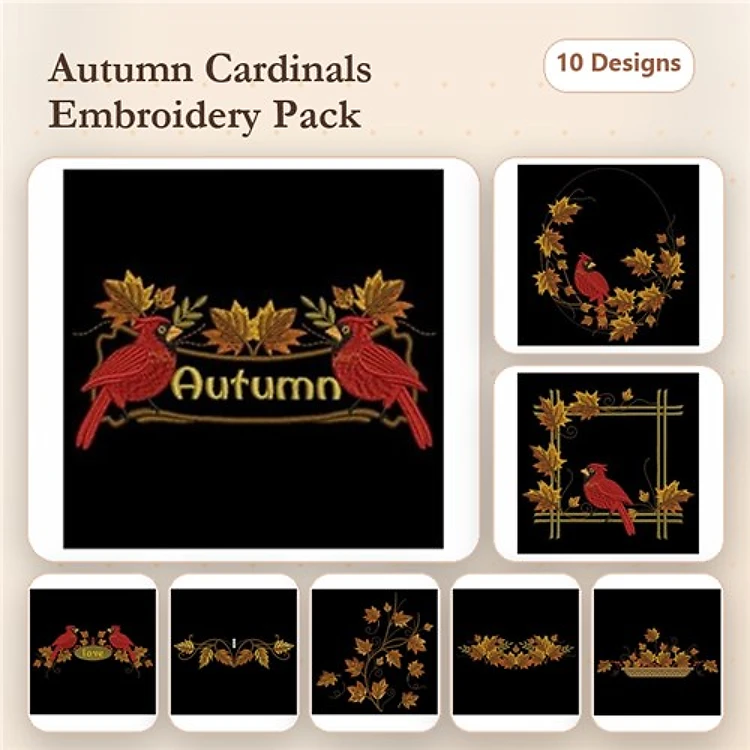 Autumn Cardinals Embroidery Designs Bundle – Cardinal Wreath, Two Cardinals with Leaves & More (10 Designs)