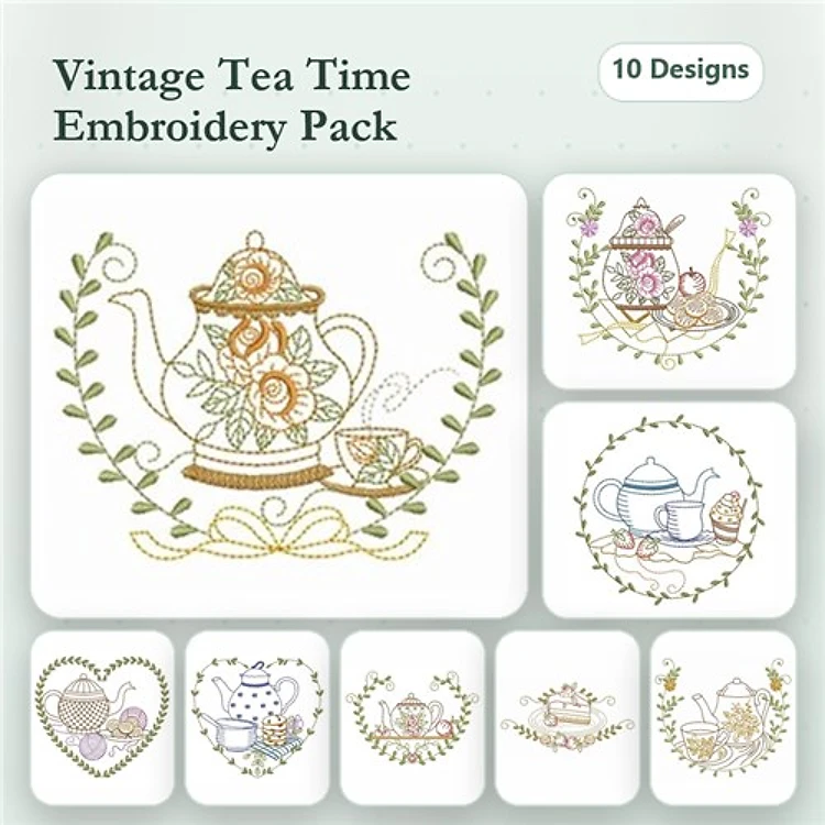 Vintage Tea Time Embroidery Bundle – Teapot with Roses, Teacup with Flowers, Cat with Teacup & More (10 Designs)