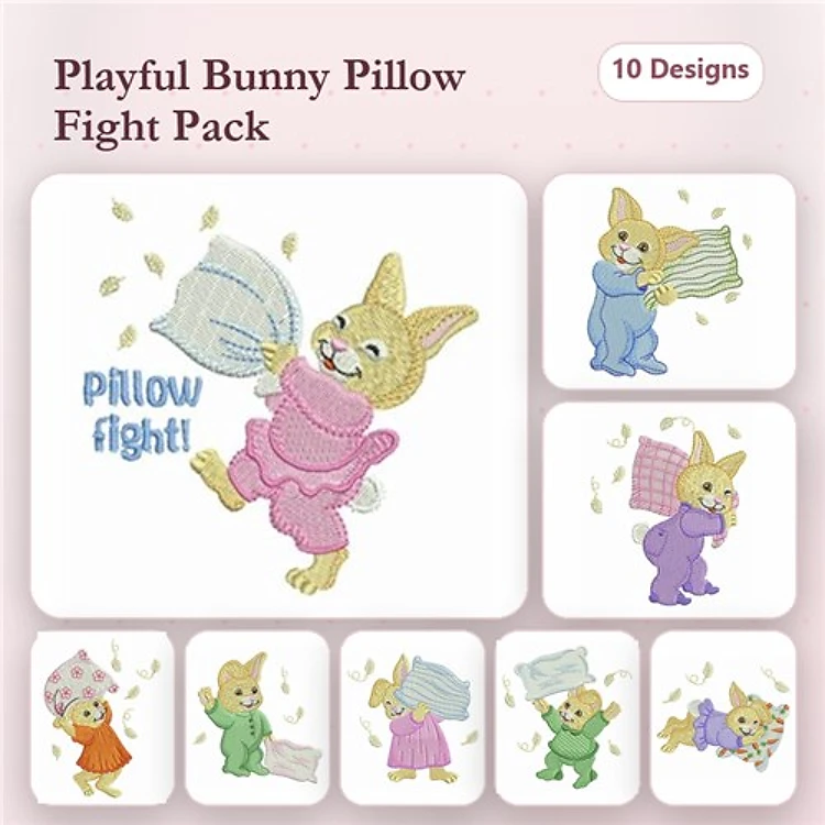 Bunny Pillow Fight Embroidery Designs Bundle – Bunny with Pillow, Bunny in Pajamas with Pillow & More (10 Designs)