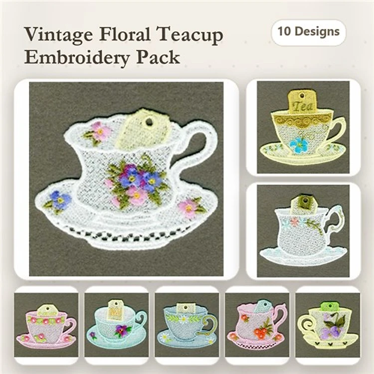 FSL Floral Teacup Embroidery Designs Bundle – Teacup with Tag, Teacup with Yellow, Teacup with Pink Flowers & More (10 Designs)
