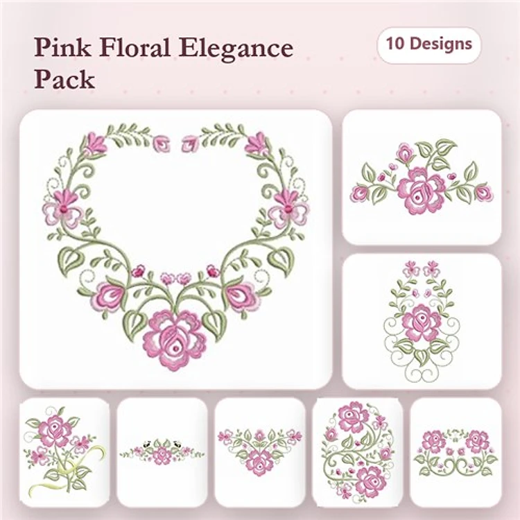 Floral Embroidery Designs Bundle – Heart Floral Arrangement, Bouquet with Pink Roses, Rose Corner Design & More (10 Designs)
