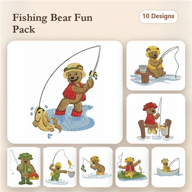 Fishing Bears Embroidery Bundle – Bear Fishing with Yellow Hat, Bear Sitting on Dock, & More (10 Designs)
