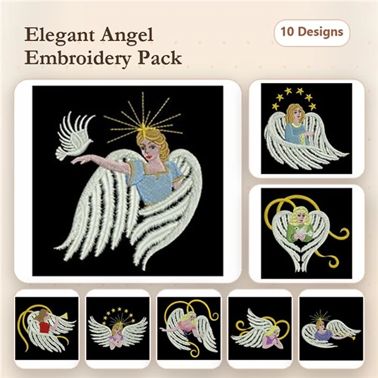 Elegant Angel Embroidery Bundle – Angel with Dove, Angel with Star, Angel Holding Heart & More (10 Designs)