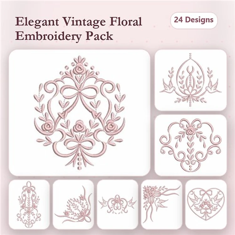 Redwork Elegant Floral Embroidery Designs Bundle – Floral Motif with Bow, Vintage Heart, Ornamental Frame & More (24 Designs)