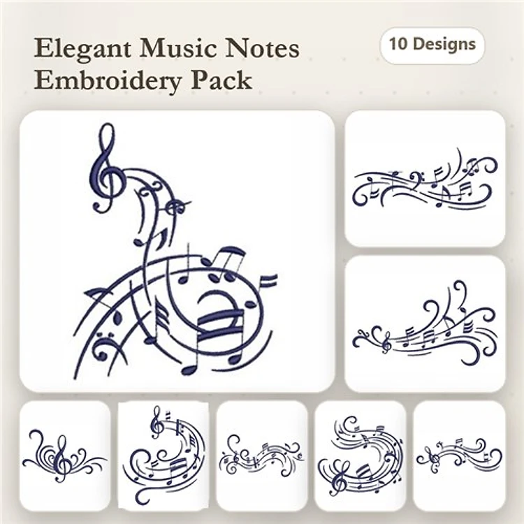 Redwork Elegant Music Embroidery Designs Bundle – Musical Staff with Notes, Treble Clef with Flourish & More (10 Designs)