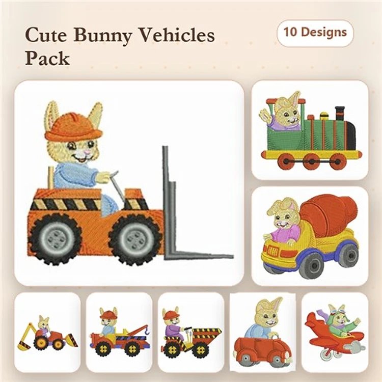 Bunny in Vehicles Embroidery Bundle – Forklift, Train, Cement Mixer & More (10 Designs)