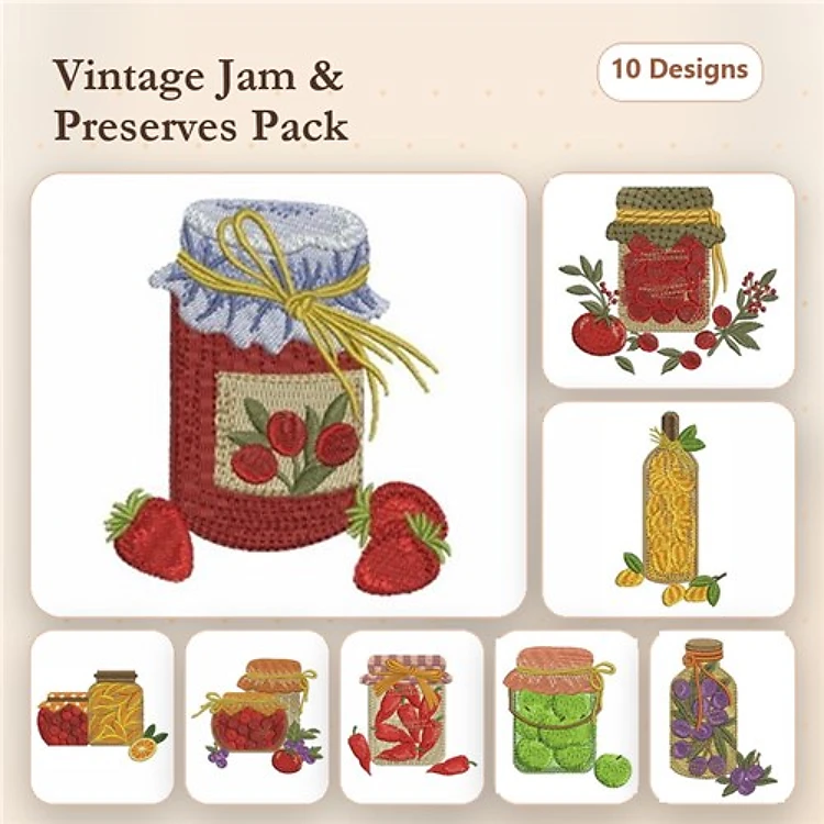 Vintage Jam Jars Embroidery Designs Bundle – Strawberry, Tomato, Corn & More (10 Designs)