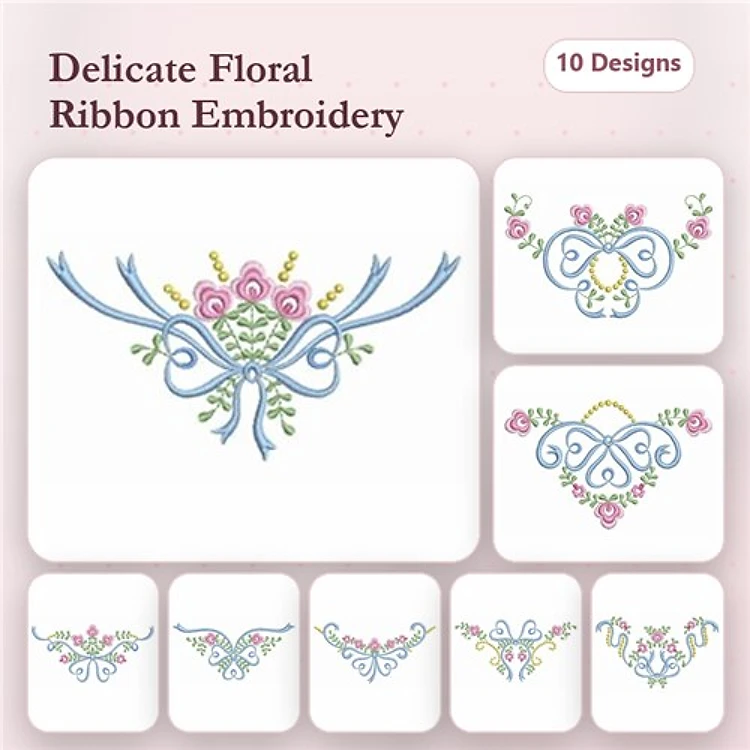Delicate Floral Ribbon Embroidery Bundle – Floral Bouquet, Charming Floral Bow, Elegant Floral Design & More (10 Designs)