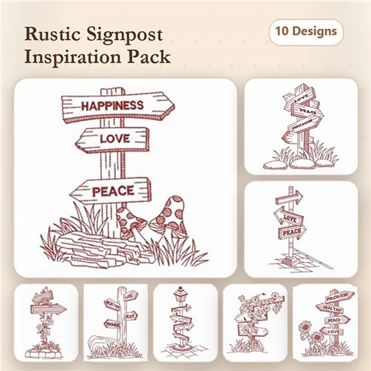 Redwork Rustic Signpost Embroidery Designs Bundle – Happiness, Love, Peace & More (10 Designs)