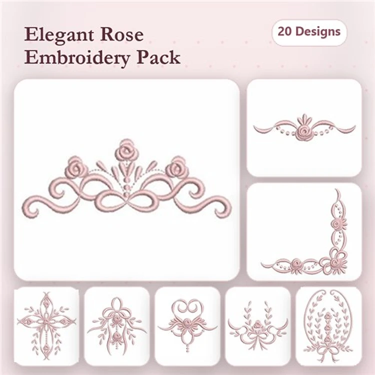 Redwork Elegant Rose Embroidery Designs Bundle – Rose Border, Rose Corner, Decorative Rose Cross & More (20 Designs)