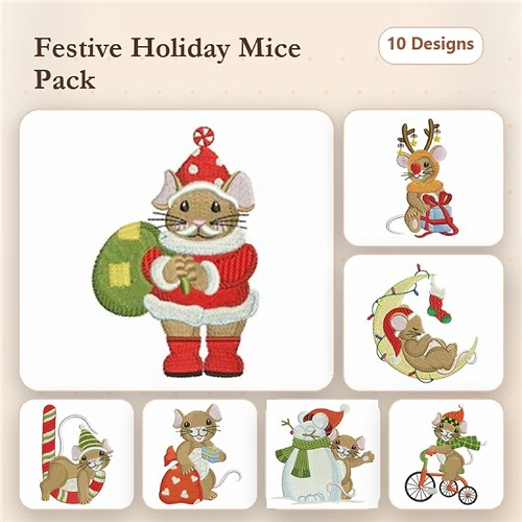 Festive Holiday Mice Embroidery Bundle – Santa Mouse, Reindeer Mouse, Mouse in Sleigh & More (10 Designs)