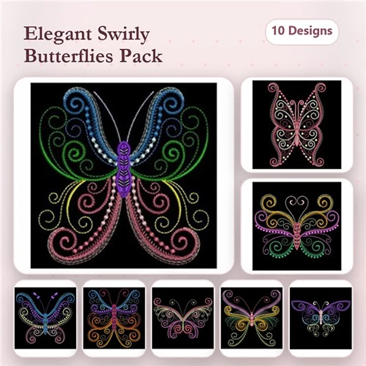 FSL Elegant Swirly Butterflies Embroidery Bundle – Intricate Patterns, Colorful Swirls, Curvy Designs & More (10 Designs)
