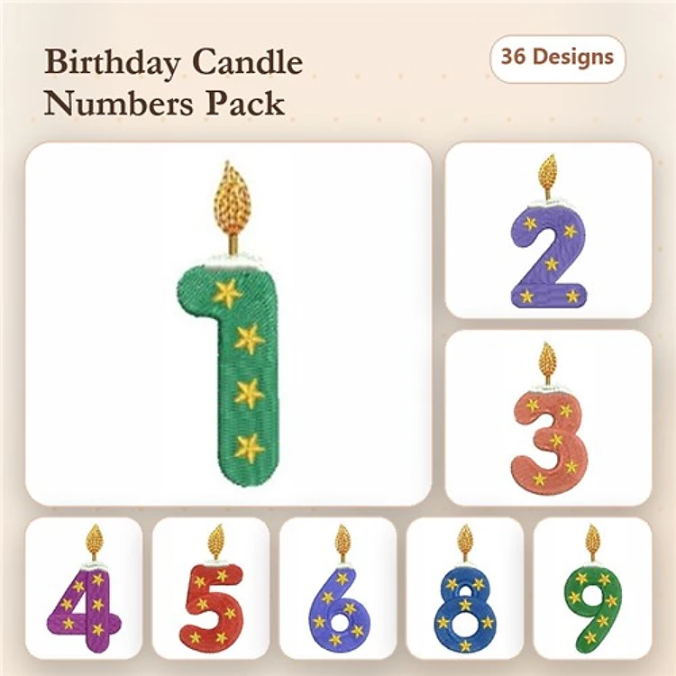 Birthday Candle Numbers Embroidery Designs Bundle – Green Number 1 Candle, Purple Number 2 Candle & More (36 Designs)