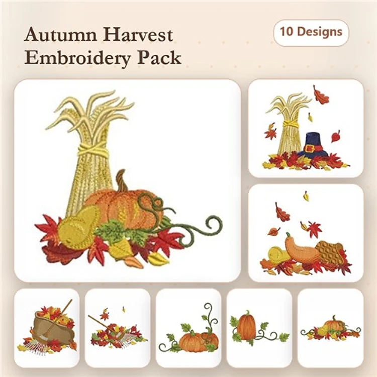 Autumn Harvest Embroidery Designs Bundle – Cornucopia, Pumpkins, Wheat Bundle & More (10 Designs)