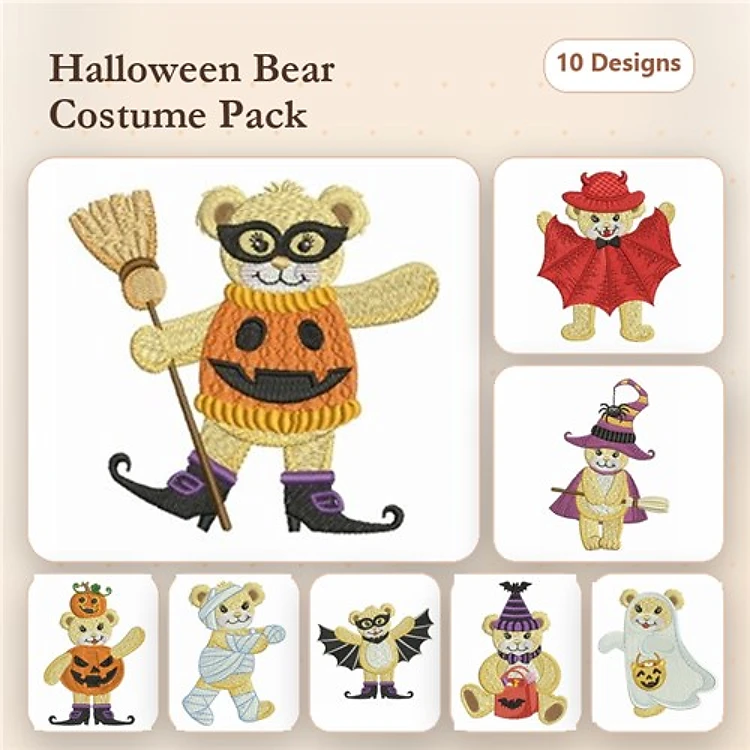 Halloween Bear Costumes Embroidery Designs Bundle – Pumpkin Bear, Bat Bear, Witch Bear & More (10 Designs)