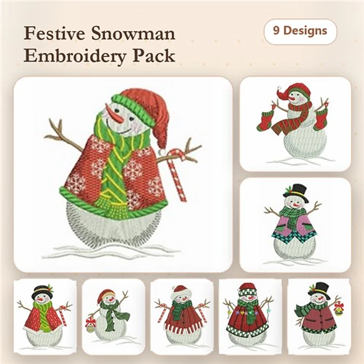 Festive Snowmen Embroidery Designs Bundle – Snowman with Red Scarf, Snowman with Santa Hat, & More (9 Designs)