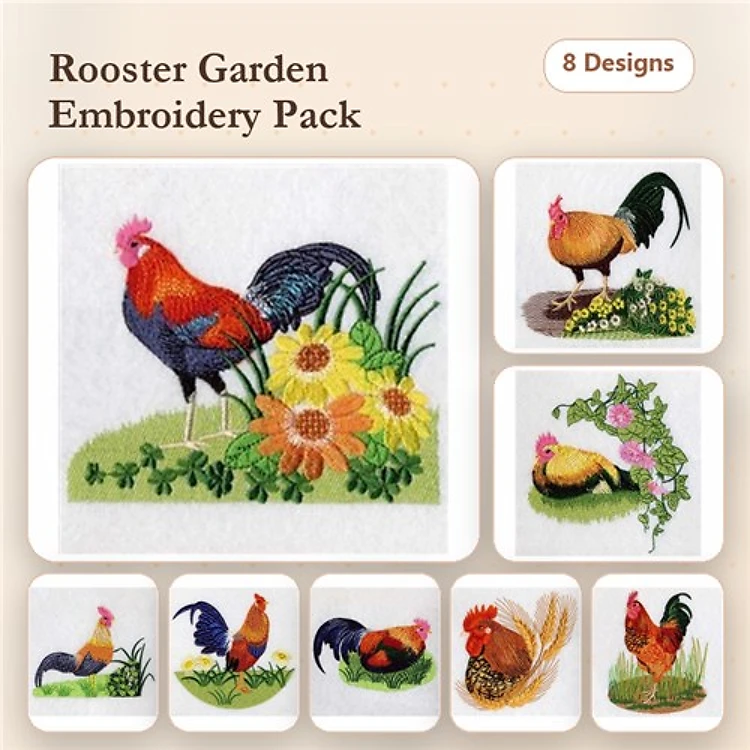 Farm Animal Embroidery Bundle – Rooster with Flowers, Rooster in Garden, Colorful Rooster & More (8 Designs)