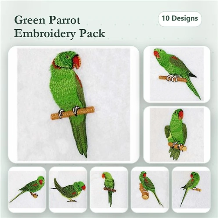 Green Parrot Embroidery Bundle – Standing, Perched, Flying & More (10 Designs)