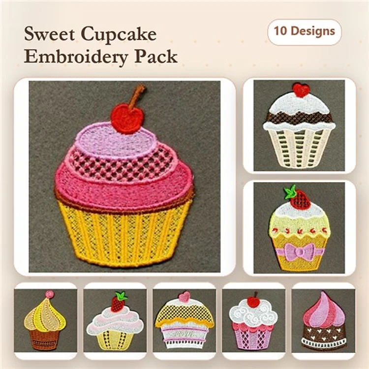 FSL Cupcake Embroidery Designs Bundle – Cupcake with Cherry, Chocolate Frosted Cupcake, Green Cupcake with Cherry & More (10 Designs)