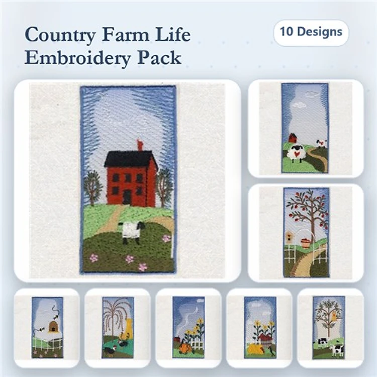 Country Farm Scenes Embroidery Bundle – Farmhouse Landscape, Cow in Field, Spring Tree & More (10 Designs)
