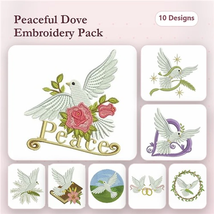 Doves and Peace Symbols Embroidery Designs Bundle – Dove with Roses, Dove with Olive Branch, Dove in Heart & More (10 Designs)