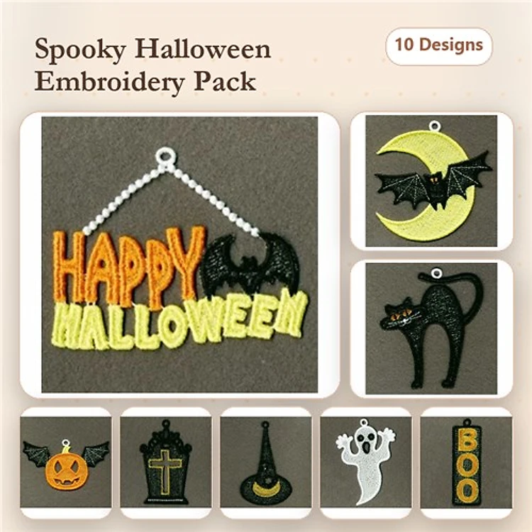 FSL Spooky Halloween Decorations Embroidery Designs Bundle – Happy Halloween Sign, Bat, Black Cat & More (10 Designs)