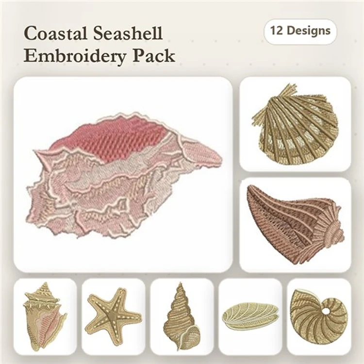 Coastal Seashells Embroidery Designs Bundle – Mollusk Shell, Scallop Shell, Starfish & More (12 Designs)