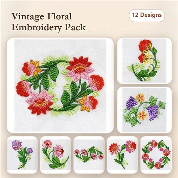Floral Embroidery Designs Bundle – Flower Cluster, Red Floral Arrangement, Grape Vine & More (12 Designs)