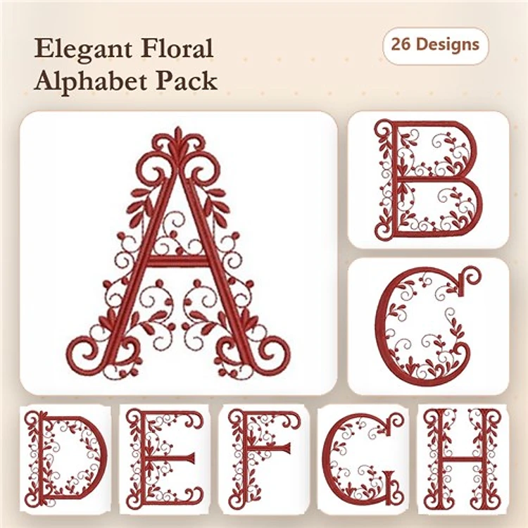 Redwork Floral Alphabet Embroidery Designs Bundle – Floral A, B, C, D, E, F & More (26 Designs)
