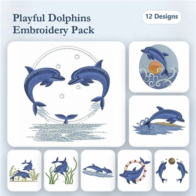 Dolphin Embroidery Designs Bundle – Dolphin Jumping Through Waves, Dolphin Couple & More (12 Designs)