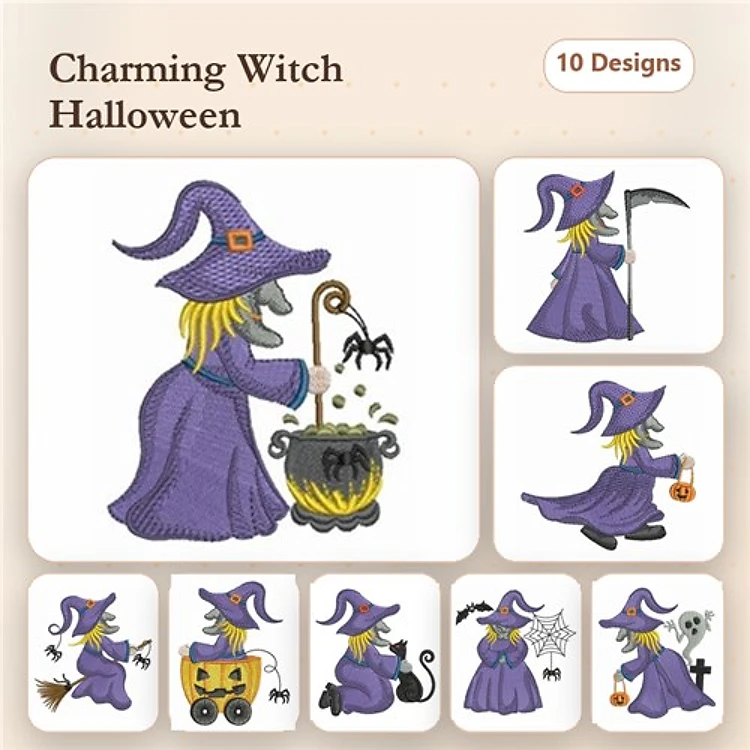 Charming Witch Halloween Embroidery Designs Bundle – Witch with Cauldron, Pumpkin, Broom & More (10 Designs)
