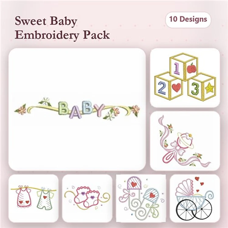 Sweet Baby Embroidery Bundle – Baby Blocks, Baby Word, Baby Dress, Baby Booties & More (10 Designs)