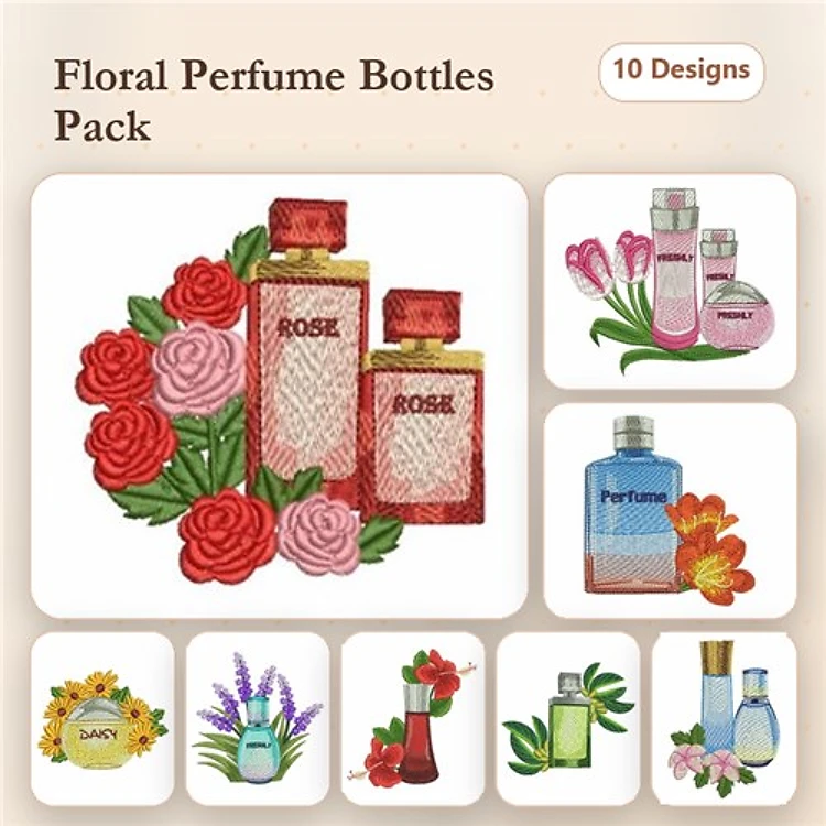 Floral Perfume Bottles Embroidery Designs Bundle – Rose, Tulip, Daisy & More (10 Designs)