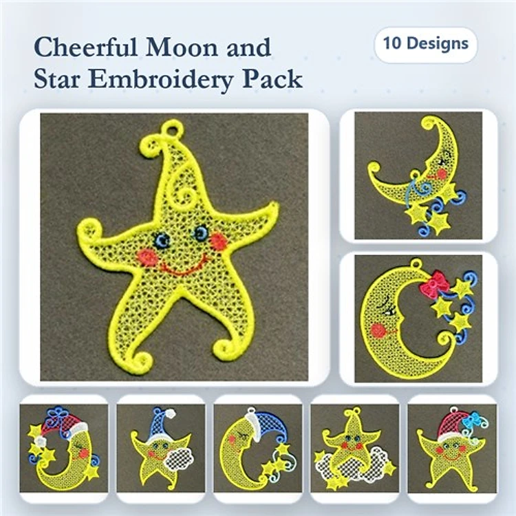 FSL Cheerful Moon and Star Embroidery Designs Bundle – Star with Face, Moon with Flowers, Smiling Star & More (10 Designs)