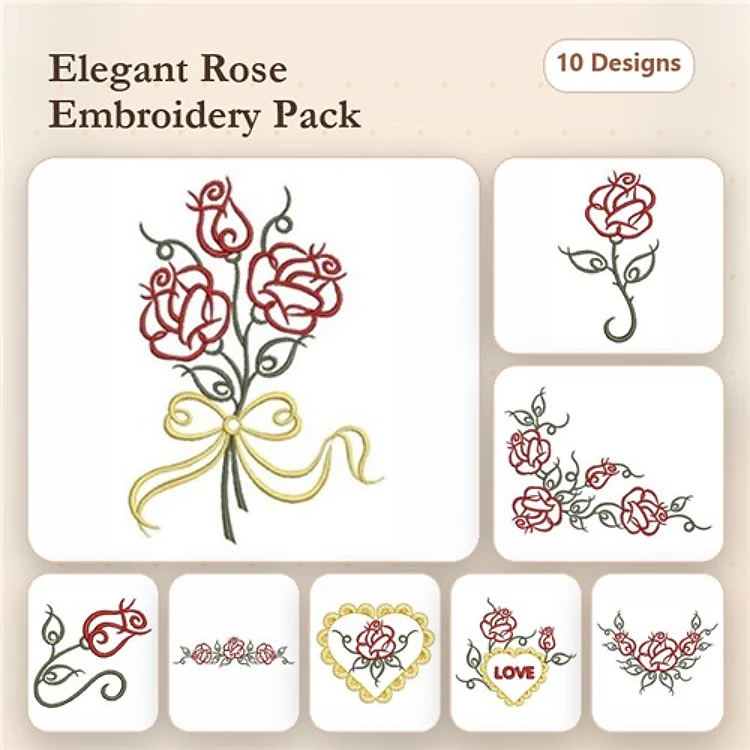 Redwork Elegant Rose Embroidery Designs Bundle – Bouquet of Roses, Single Rose, Floral Heart & More (10 Designs)