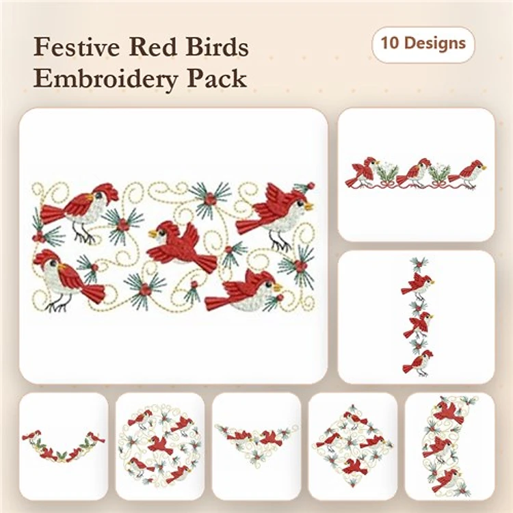 Redwork Festive Red Birds Embroidery Designs Bundle – Cardinal with Swirls, Birds on Branch, Cardinal Wreath & More (10 Designs)